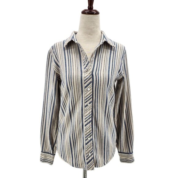 Ba&Sh Womens 0 Top Flannel Striped Button Down Shirt Ivory Blue Black Marius - Picture 1 of 13